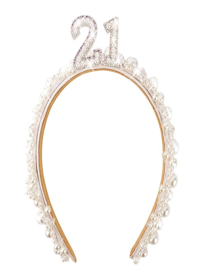 Vovii 21st Birthday Crown Tiara, White Pearl Headband for Women's 21st Birthday Outfit Accessory - Image 1